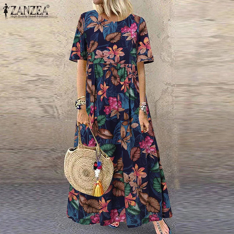 2025 ZANZEA Bohemian Holiday Sundress Summer Women Vintage Floral Printed Short Sleeve Beach Dress Loose Long Vestido Robe Femme