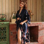 Robe de chambre femme satinée – Imprimé oiseaux