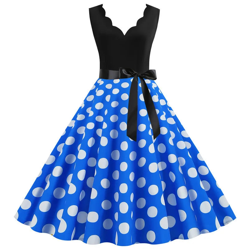 Women Dot Print Dress Summer Sexy V-neck Sleeveless Elegant Vintgae Party Dress Vestidos  S~3XL Robe Femme