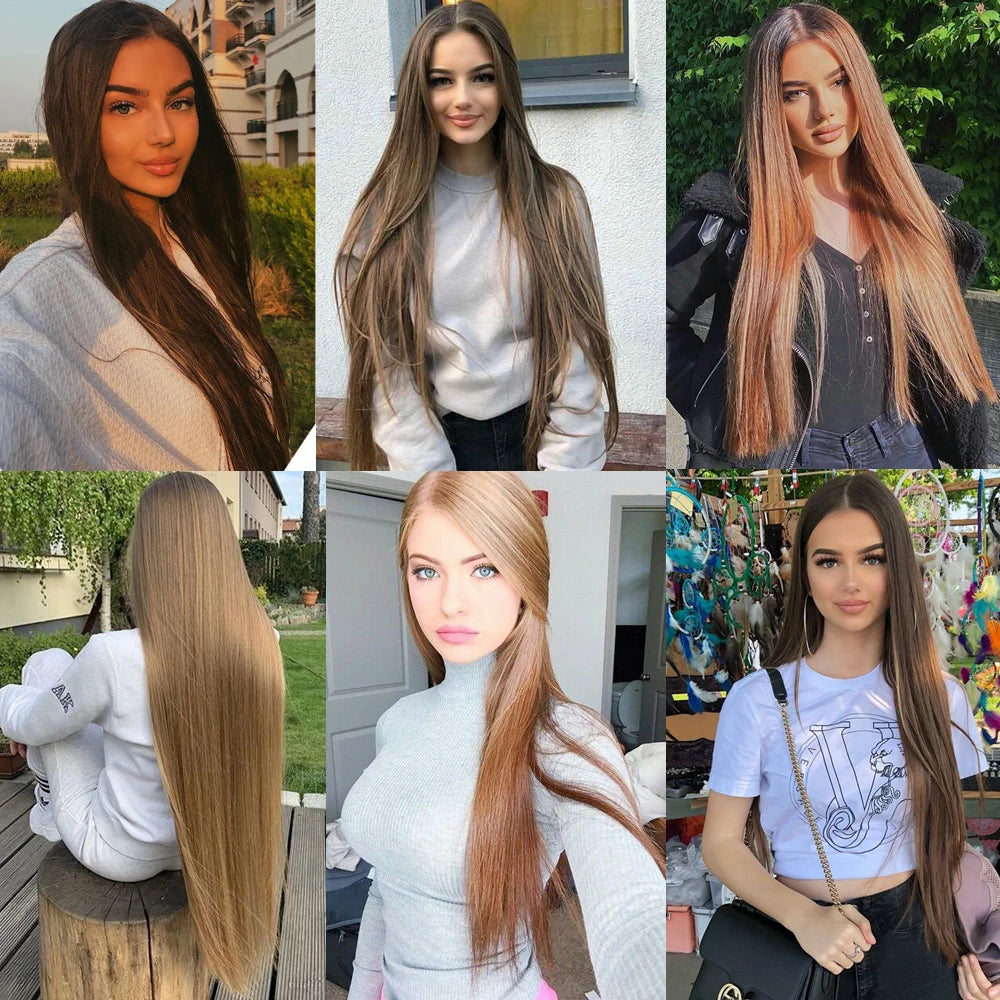 No Clips Natural Hair Extension Synthatic Artificial Long Straight Hairpiece Blonde Black Mixed Color False Hair Piece For Women