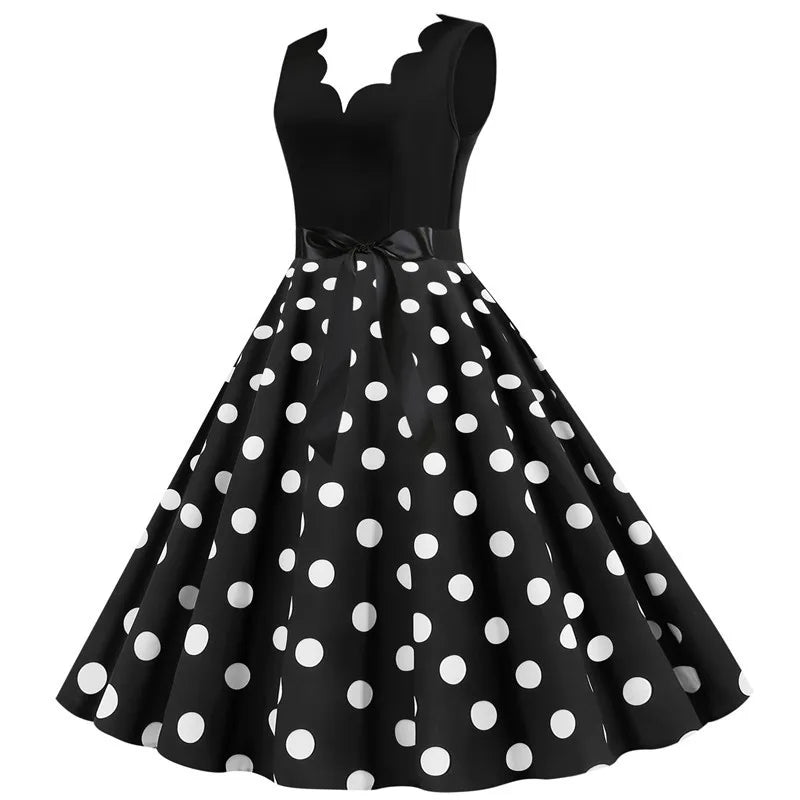 Women Dot Print Dress Summer Sexy V-neck Sleeveless Elegant Vintgae Party Dress Vestidos  S~3XL Robe Femme