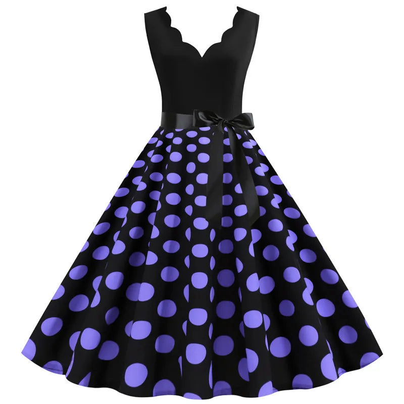 Women Dot Print Dress Summer Sexy V-neck Sleeveless Elegant Vintgae Party Dress Vestidos  S~3XL Robe Femme