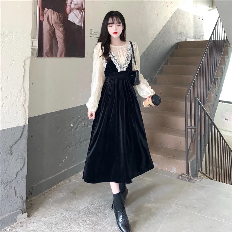 2025 French Vintage Velvet Dress Suits Women Fashion Elegant Two-piece Sets Spring Autumn V-neck Dress + Shirts Female