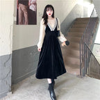 Ensemble femme vintage – Robe en velours col V et chemise