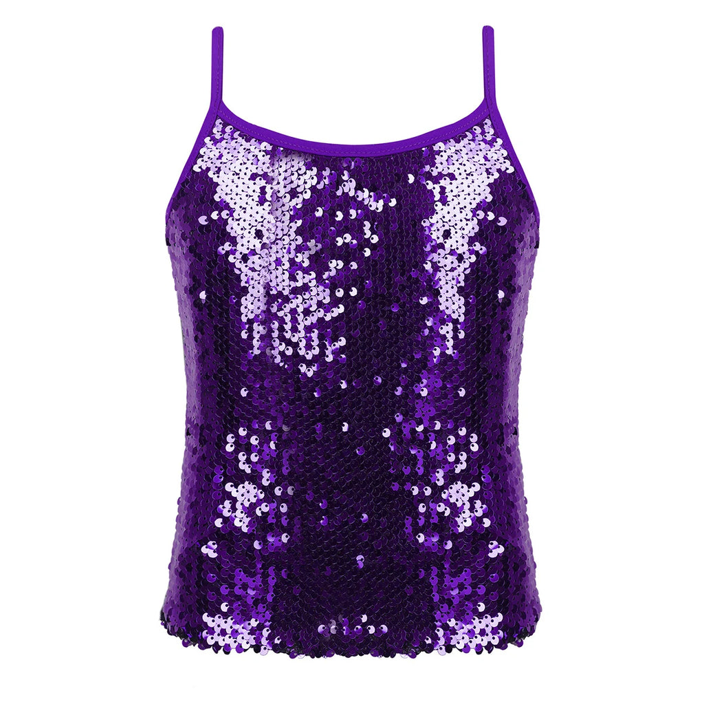 Kids Girls Shiny Sequined Tops Vest Jazz Dance Camisole Tanks Top for Ballet Dancing Stage Performance Girls Clothing Streetwear