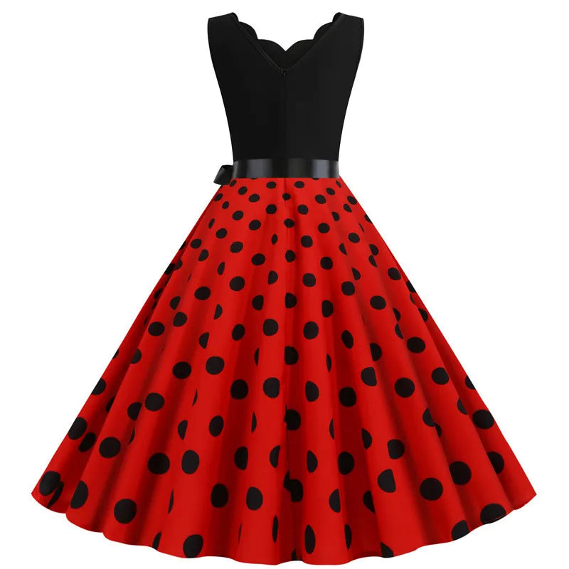 Women Dot Print Dress Summer Sexy V-neck Sleeveless Elegant Vintgae Party Dress Vestidos  S~3XL Robe Femme