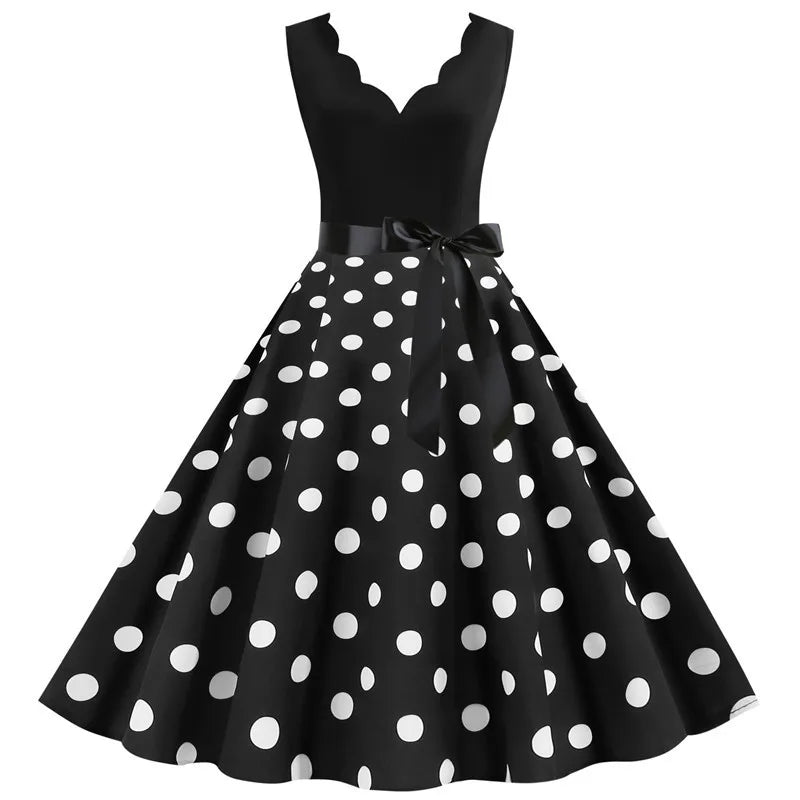 Women Dot Print Dress Summer Sexy V-neck Sleeveless Elegant Vintgae Party Dress Vestidos  S~3XL Robe Femme