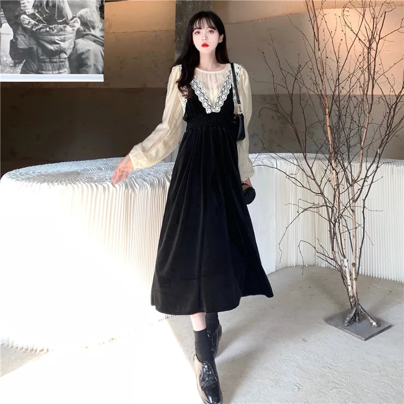 2025 French Vintage Velvet Dress Suits Women Fashion Elegant Two-piece Sets Spring Autumn V-neck Dress + Shirts Female