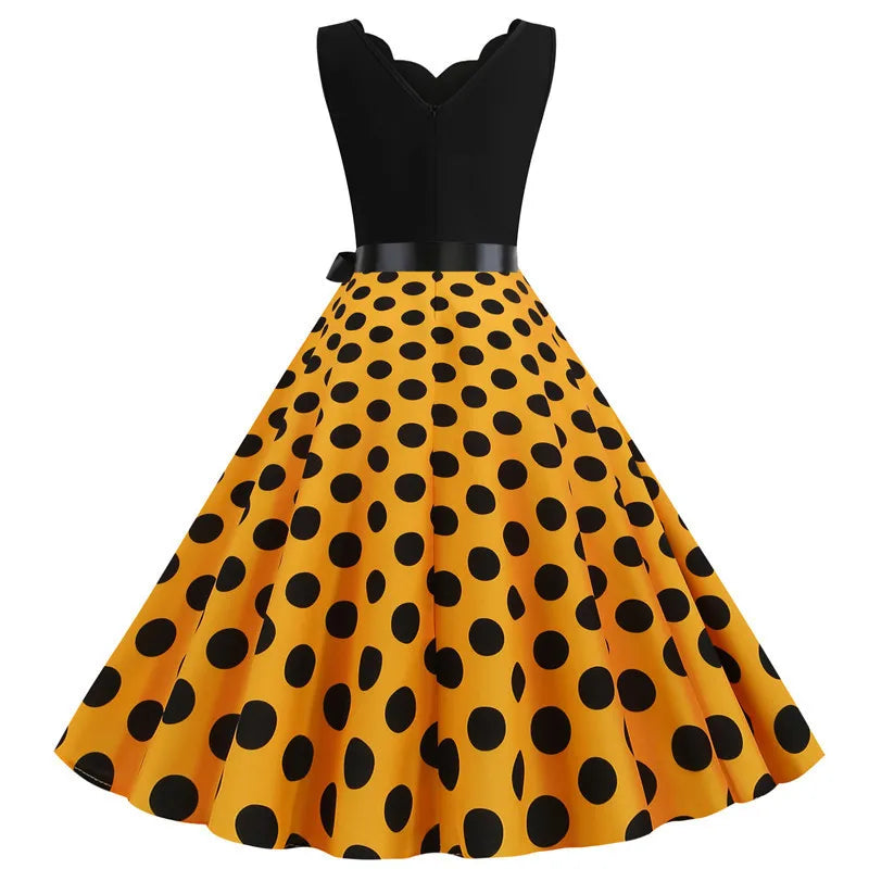 Women Dot Print Dress Summer Sexy V-neck Sleeveless Elegant Vintgae Party Dress Vestidos  S~3XL Robe Femme