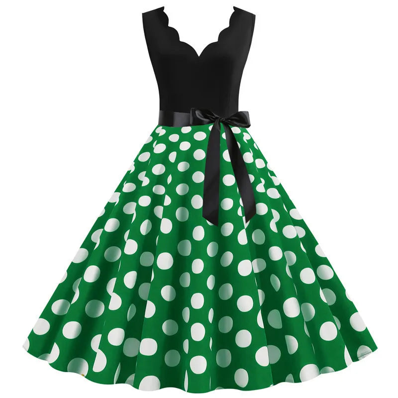 Women Dot Print Dress Summer Sexy V-neck Sleeveless Elegant Vintgae Party Dress Vestidos  S~3XL Robe Femme