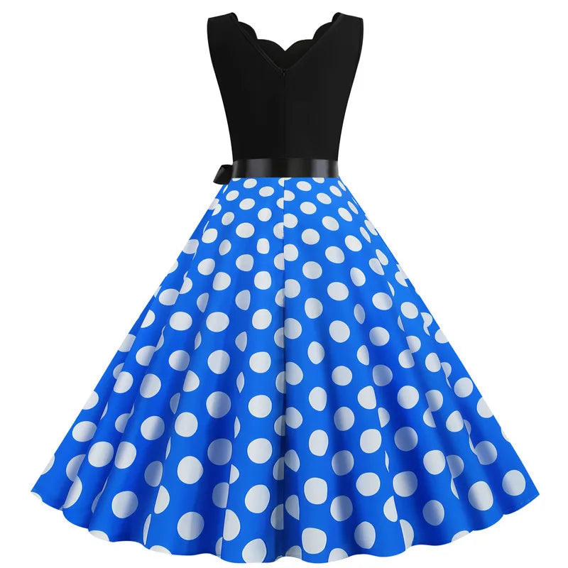 Women Dot Print Dress Summer Sexy V-neck Sleeveless Elegant Vintgae Party Dress Vestidos  S~3XL Robe Femme