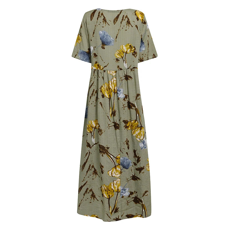 2025 ZANZEA Bohemian Holiday Sundress Summer Women Vintage Floral Printed Short Sleeve Beach Dress Loose Long Vestido Robe Femme