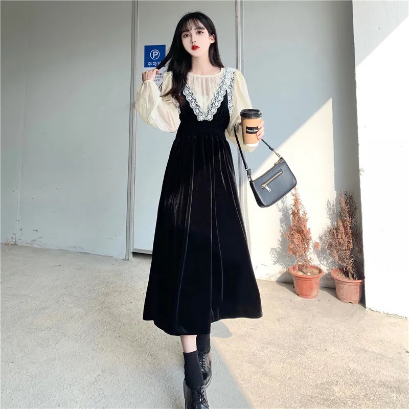 2025 French Vintage Velvet Dress Suits Women Fashion Elegant Two-piece Sets Spring Autumn V-neck Dress + Shirts Female