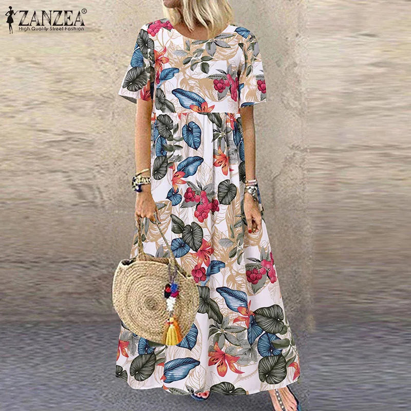 2025 ZANZEA Bohemian Holiday Sundress Summer Women Vintage Floral Printed Short Sleeve Beach Dress Loose Long Vestido Robe Femme