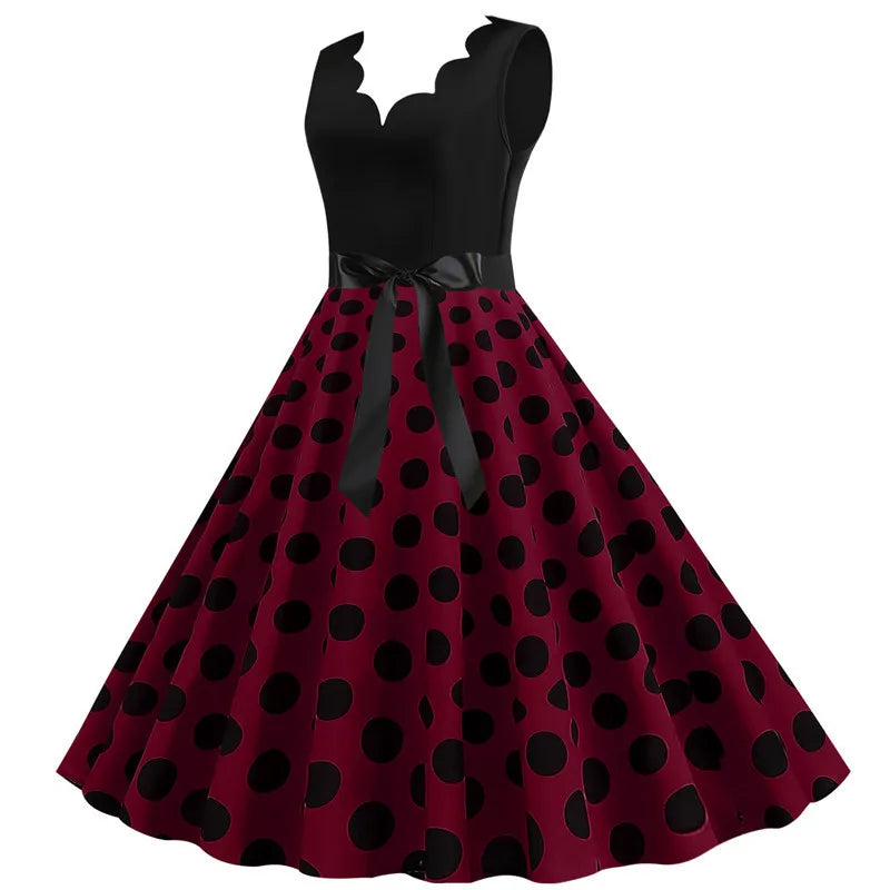 Women Dot Print Dress Summer Sexy V-neck Sleeveless Elegant Vintgae Party Dress Vestidos  S~3XL Robe Femme