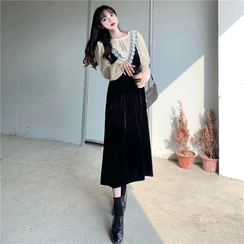 2025 French Vintage Velvet Dress Suits Women Fashion Elegant Two-piece Sets Spring Autumn V-neck Dress + Shirts Female