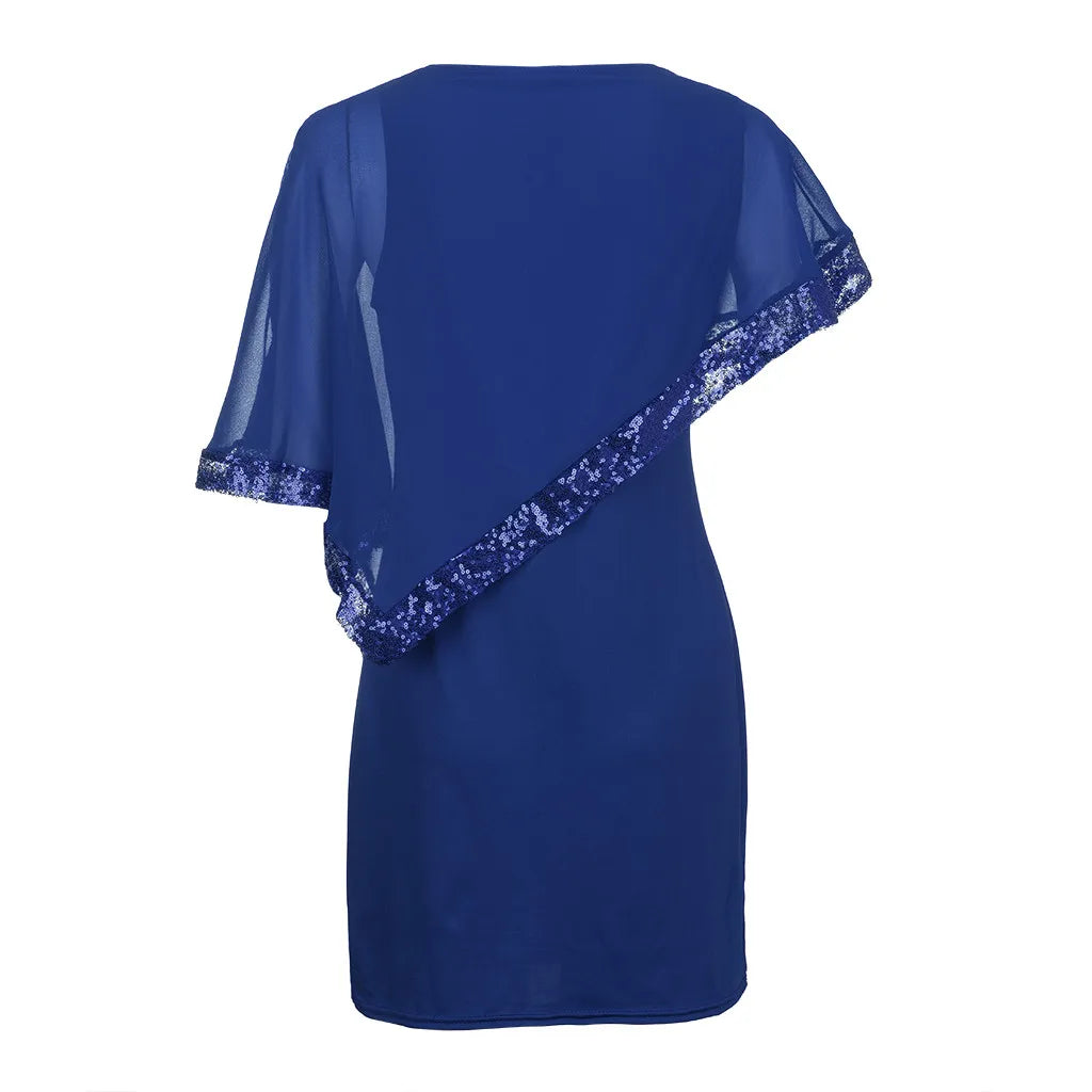 Plus Size Summer Dress Women Sexy Cold Shoulder Overlay Asymmetric Chiffon Strapless Sequins Dresses Evening Party Dress 5XL