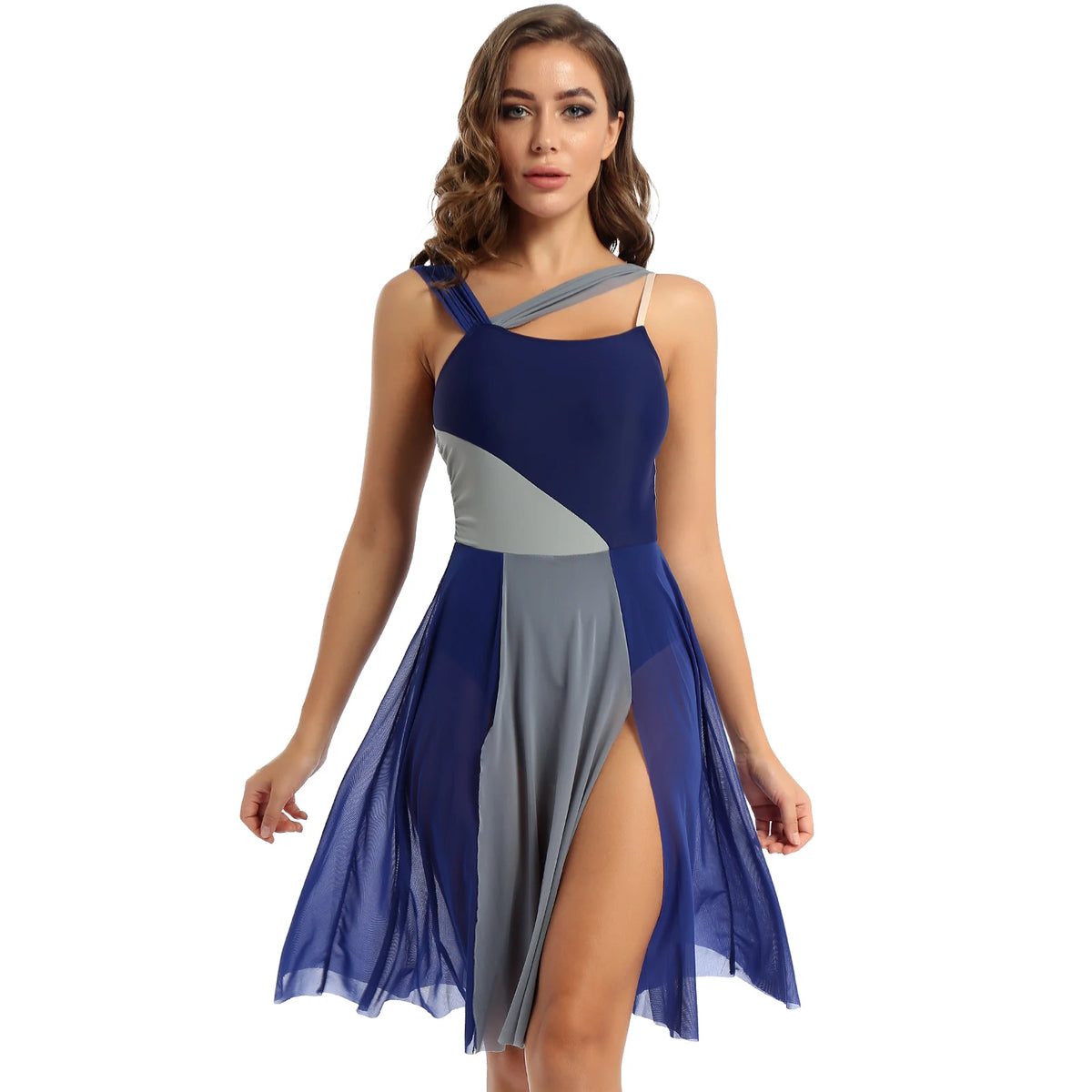 Women Ballet Dance Dress Adult Modern Contemporary Lyrical Dance Costumes Sleeveless Color Block Gymnastics Leotard Dancewear