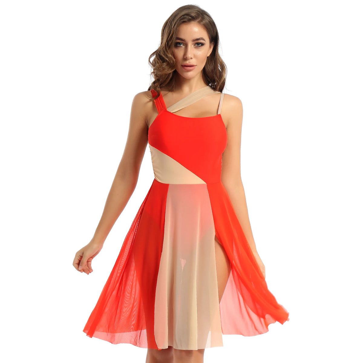 Women Ballet Dance Dress Adult Modern Contemporary Lyrical Dance Costumes Sleeveless Color Block Gymnastics Leotard Dancewear