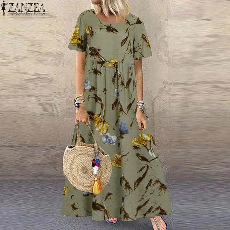2025 ZANZEA Bohemian Holiday Sundress Summer Women Vintage Floral Printed Short Sleeve Beach Dress Loose Long Vestido Robe Femme