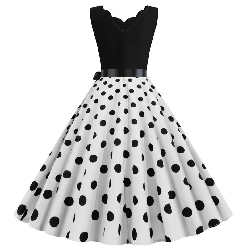 Women Dot Print Dress Summer Sexy V-neck Sleeveless Elegant Vintgae Party Dress Vestidos  S~3XL Robe Femme