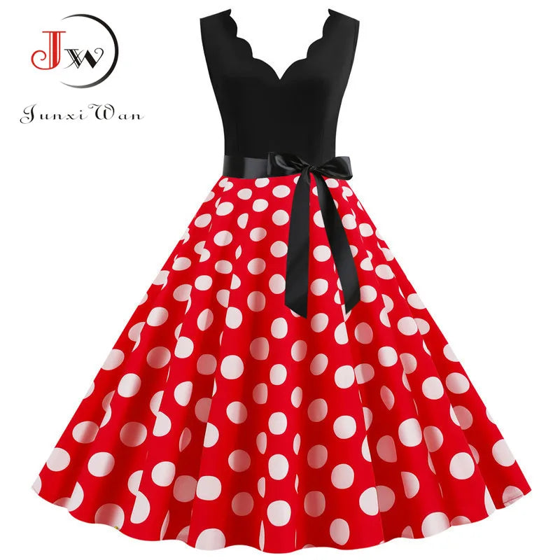 Women Dot Print Dress Summer Sexy V-neck Sleeveless Elegant Vintgae Party Dress Vestidos  S~3XL Robe Femme