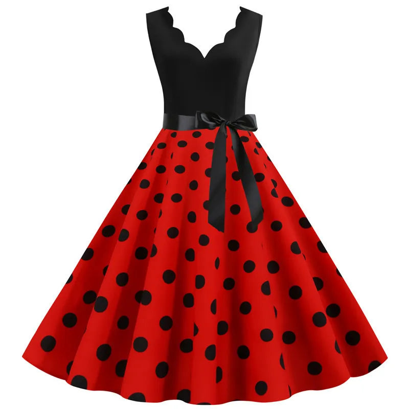 Women Dot Print Dress Summer Sexy V-neck Sleeveless Elegant Vintgae Party Dress Vestidos  S~3XL Robe Femme