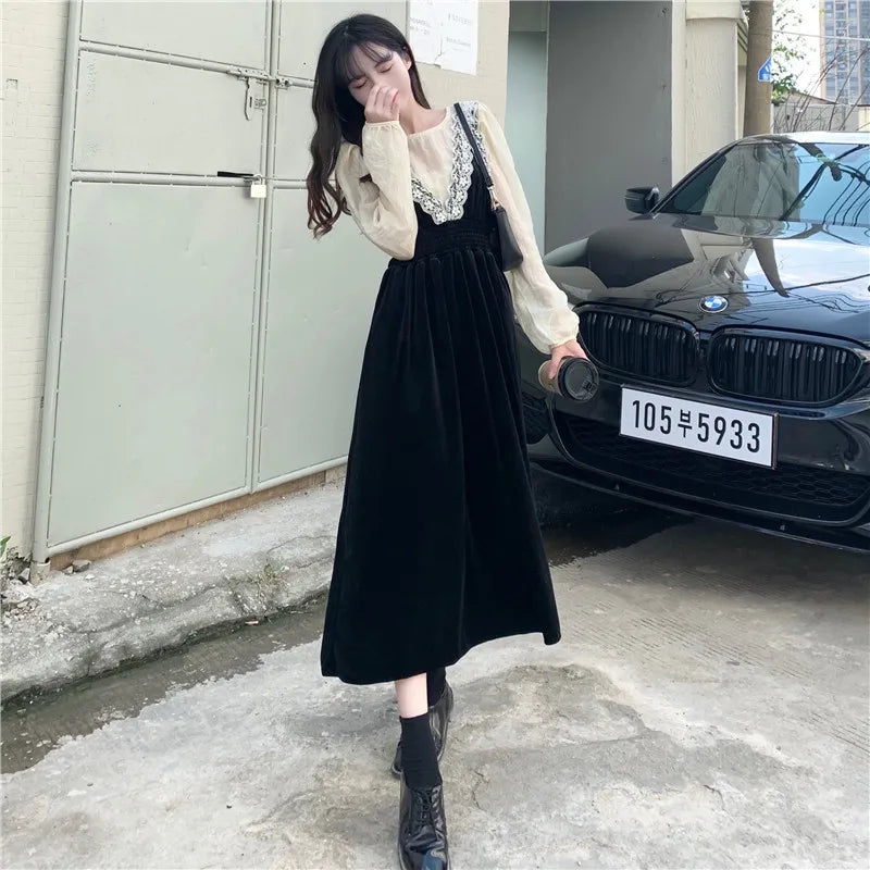 2025 French Vintage Velvet Dress Suits Women Fashion Elegant Two-piece Sets Spring Autumn V-neck Dress + Shirts Female
