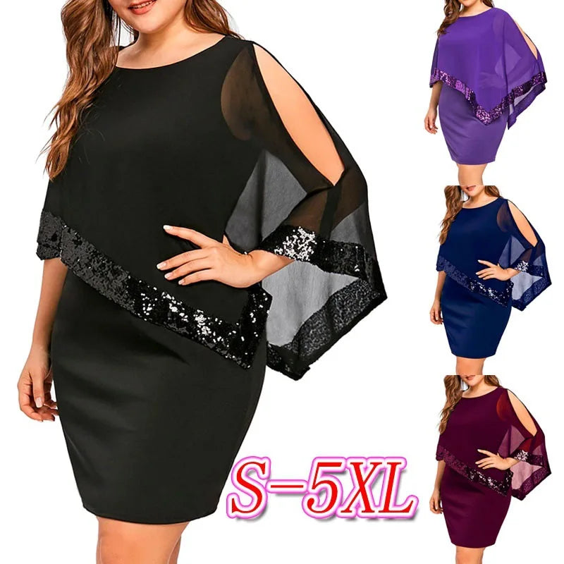 Plus Size Summer Dress Women Sexy Cold Shoulder Overlay Asymmetric Chiffon Strapless Sequins Dresses Evening Party Dress 5XL