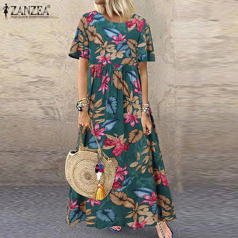 2025 ZANZEA Bohemian Holiday Sundress Summer Women Vintage Floral Printed Short Sleeve Beach Dress Loose Long Vestido Robe Femme