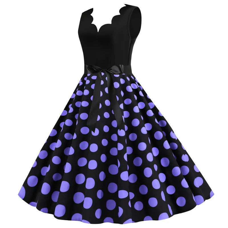 Women Dot Print Dress Summer Sexy V-neck Sleeveless Elegant Vintgae Party Dress Vestidos  S~3XL Robe Femme