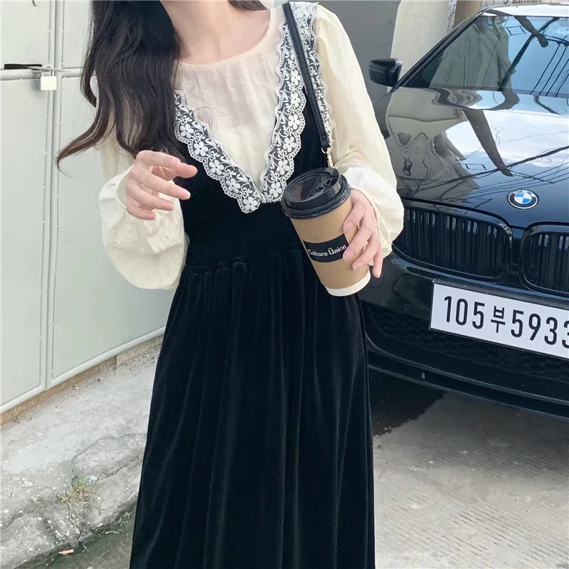 2025 French Vintage Velvet Dress Suits Women Fashion Elegant Two-piece Sets Spring Autumn V-neck Dress + Shirts Female