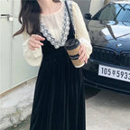 Ensemble femme vintage – Robe en velours col V et chemise