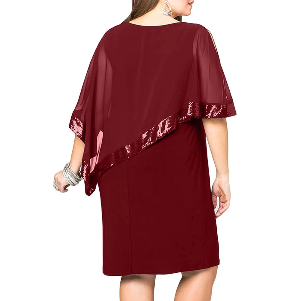 Plus Size Summer Dress Women Sexy Cold Shoulder Overlay Asymmetric Chiffon Strapless Sequins Dresses Evening Party Dress 5XL