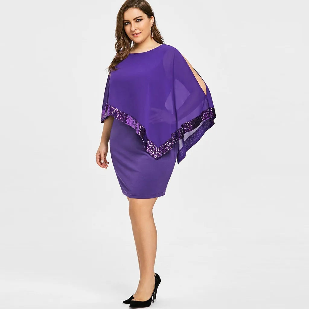 Plus Size Summer Dress Women Sexy Cold Shoulder Overlay Asymmetric Chiffon Strapless Sequins Dresses Evening Party Dress 5XL