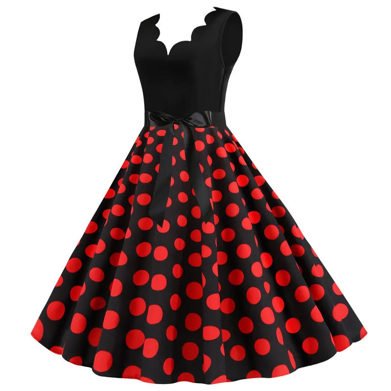 Women Dot Print Dress Summer Sexy V-neck Sleeveless Elegant Vintgae Party Dress Vestidos  S~3XL Robe Femme