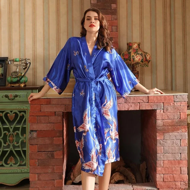 Robe de chambre femme mi-longue – Satin à poches