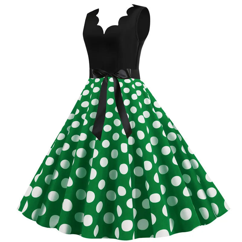 Women Dot Print Dress Summer Sexy V-neck Sleeveless Elegant Vintgae Party Dress Vestidos  S~3XL Robe Femme