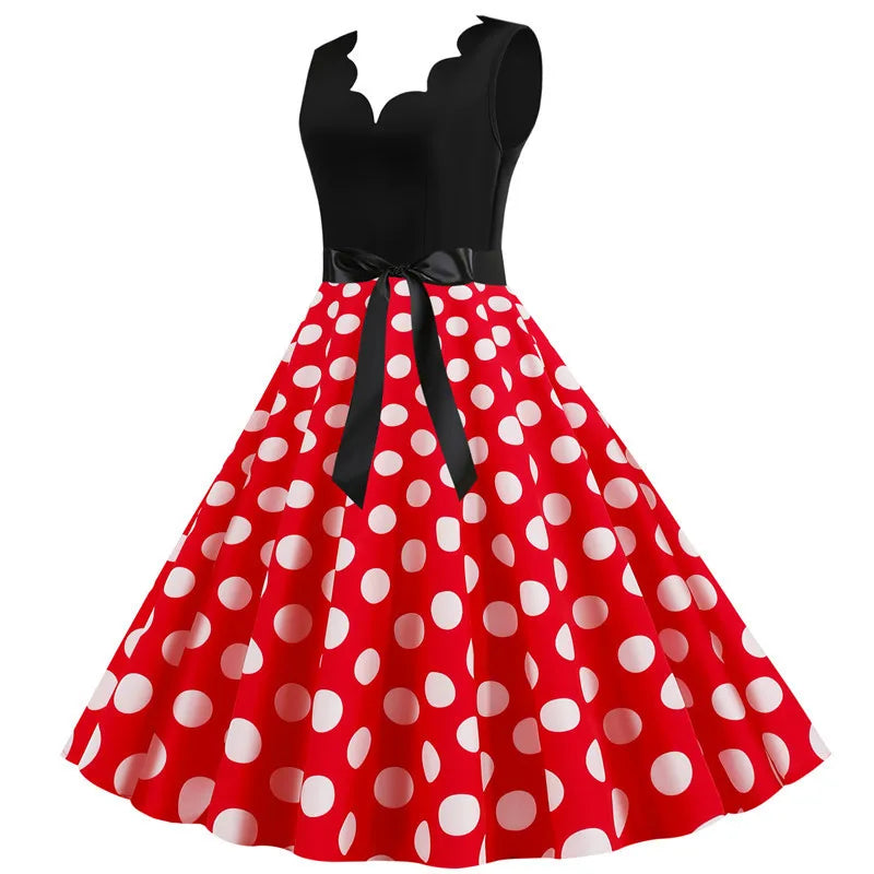 Women Dot Print Dress Summer Sexy V-neck Sleeveless Elegant Vintgae Party Dress Vestidos  S~3XL Robe Femme
