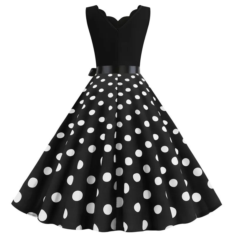 Women Dot Print Dress Summer Sexy V-neck Sleeveless Elegant Vintgae Party Dress Vestidos  S~3XL Robe Femme