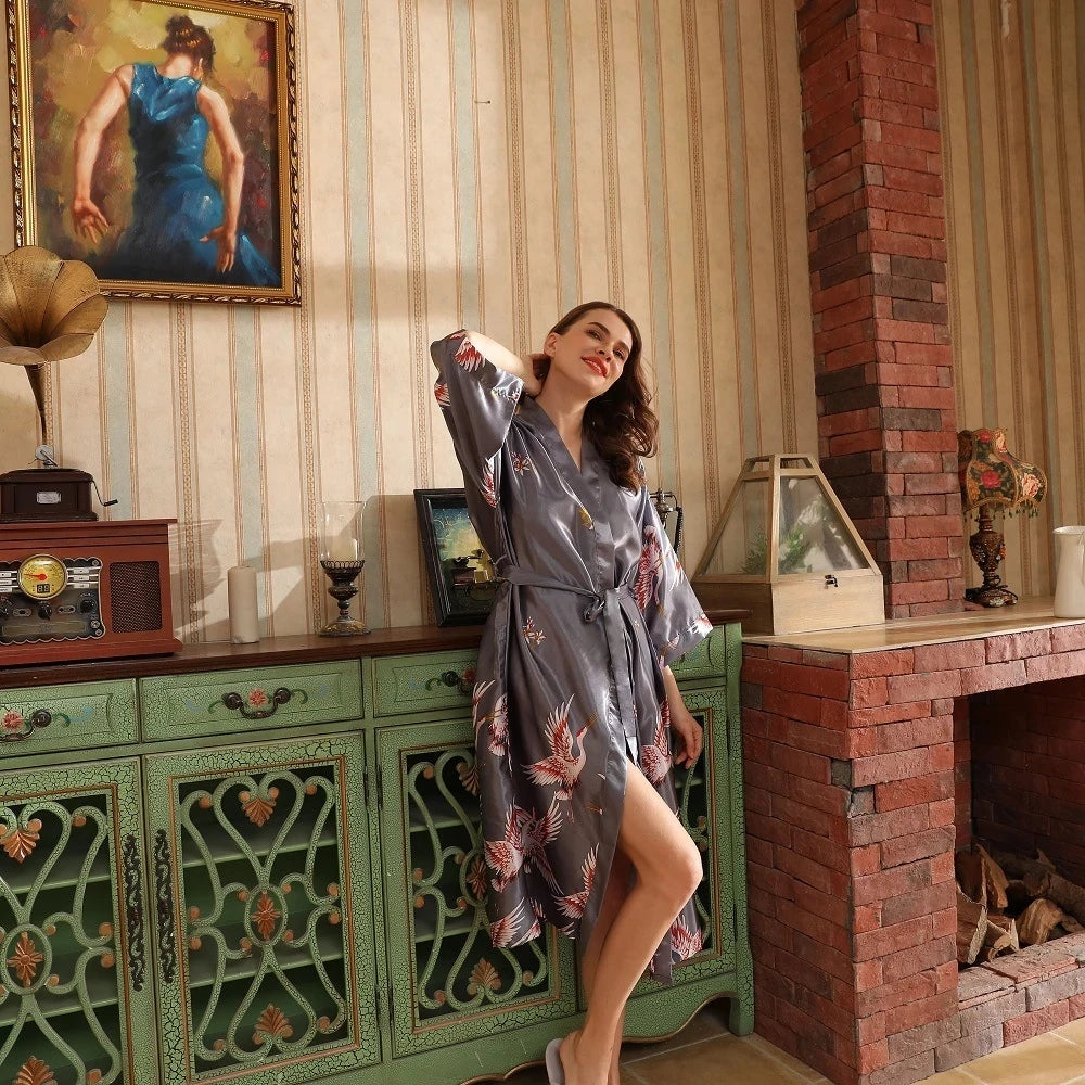 Robe de chambre femme mi-longue – Satin à poches