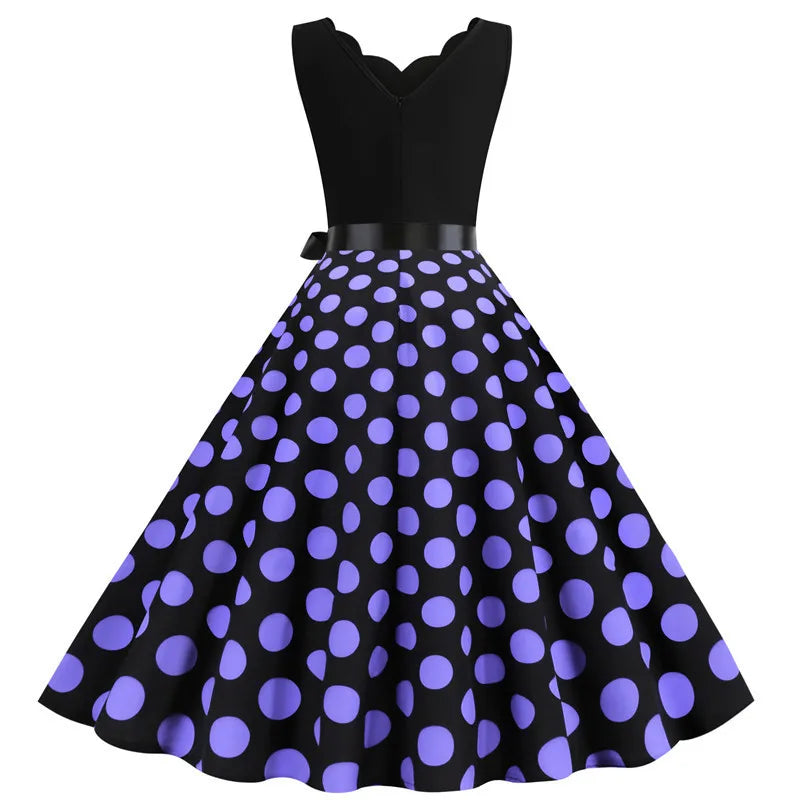 Women Dot Print Dress Summer Sexy V-neck Sleeveless Elegant Vintgae Party Dress Vestidos  S~3XL Robe Femme