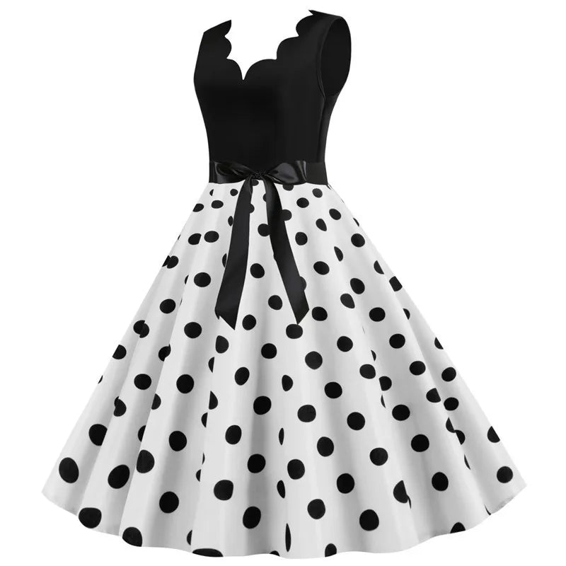 Women Dot Print Dress Summer Sexy V-neck Sleeveless Elegant Vintgae Party Dress Vestidos  S~3XL Robe Femme