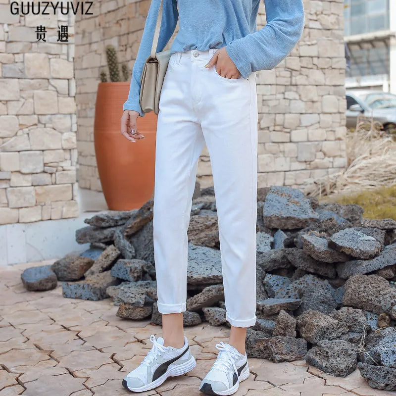 GUUZYUVIZ Jean Femme Taille Haute Casual Loose White Jeans Women Spring Basic Boyfriend Vintage Denim Woman Jeans