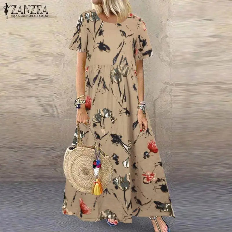 2025 ZANZEA Bohemian Holiday Sundress Summer Women Vintage Floral Printed Short Sleeve Beach Dress Loose Long Vestido Robe Femme