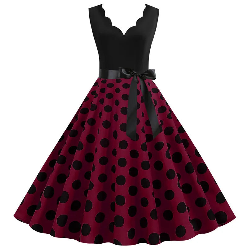 Women Dot Print Dress Summer Sexy V-neck Sleeveless Elegant Vintgae Party Dress Vestidos  S~3XL Robe Femme