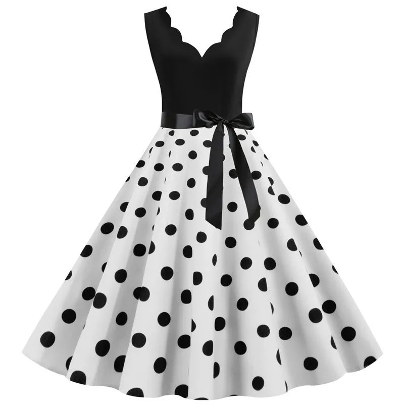 Women Dot Print Dress Summer Sexy V-neck Sleeveless Elegant Vintgae Party Dress Vestidos  S~3XL Robe Femme