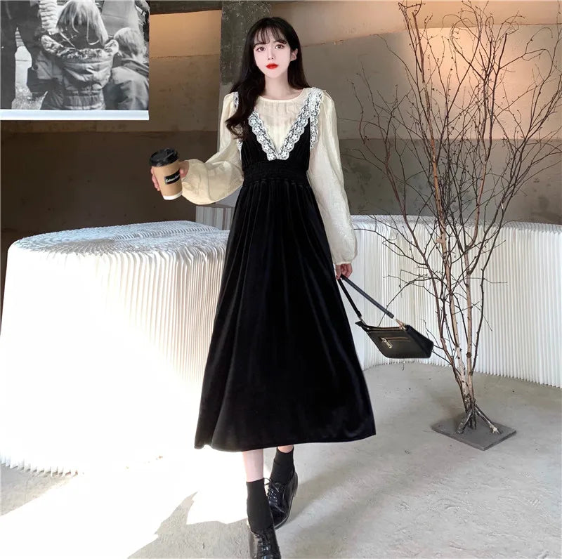 2025 French Vintage Velvet Dress Suits Women Fashion Elegant Two-piece Sets Spring Autumn V-neck Dress + Shirts Female