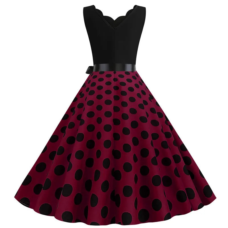 Women Dot Print Dress Summer Sexy V-neck Sleeveless Elegant Vintgae Party Dress Vestidos  S~3XL Robe Femme