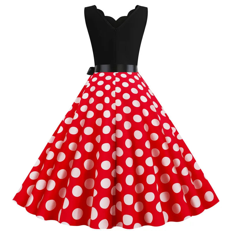 Women Dot Print Dress Summer Sexy V-neck Sleeveless Elegant Vintgae Party Dress Vestidos  S~3XL Robe Femme